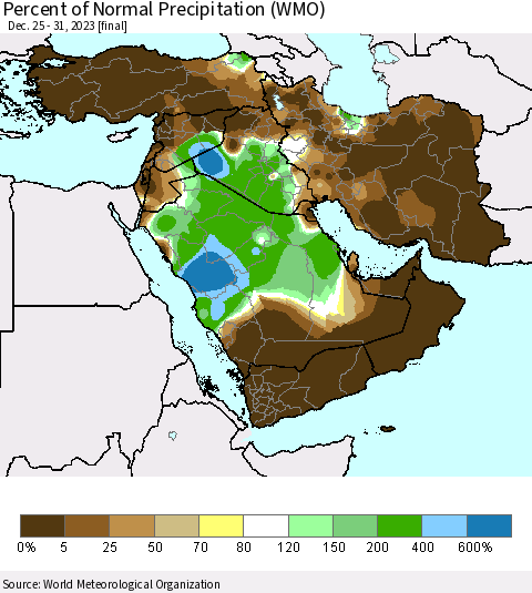 Middle East and Turkey Percent of Normal Precipitation (WMO) Thematic Map For 12/25/2023 - 12/31/2023