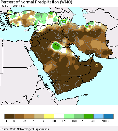 Middle East and Turkey Percent of Normal Precipitation (WMO) Thematic Map For 1/1/2024 - 1/7/2024