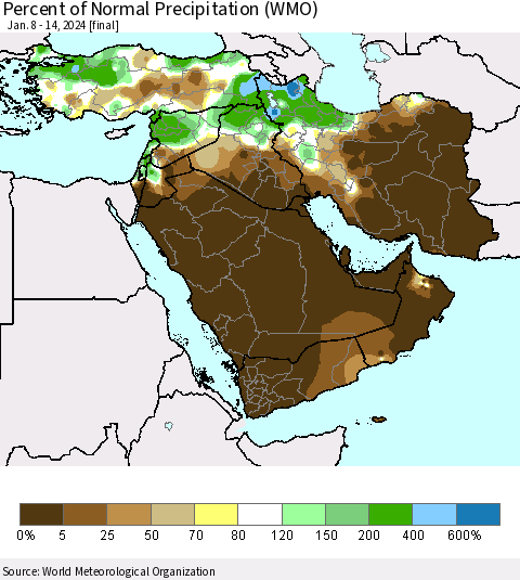 Middle East and Turkey Percent of Normal Precipitation (WMO) Thematic Map For 1/8/2024 - 1/14/2024