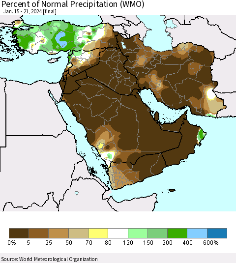 Middle East and Turkey Percent of Normal Precipitation (WMO) Thematic Map For 1/15/2024 - 1/21/2024