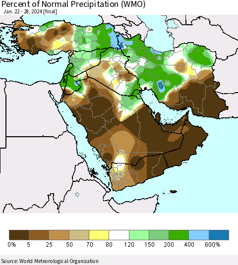 Middle East and Turkey Percent of Normal Precipitation (WMO) Thematic Map For 1/22/2024 - 1/28/2024