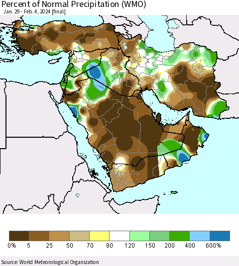 Middle East and Turkey Percent of Normal Precipitation (WMO) Thematic Map For 1/29/2024 - 2/4/2024