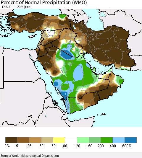 Middle East and Turkey Percent of Normal Precipitation (WMO) Thematic Map For 2/5/2024 - 2/11/2024