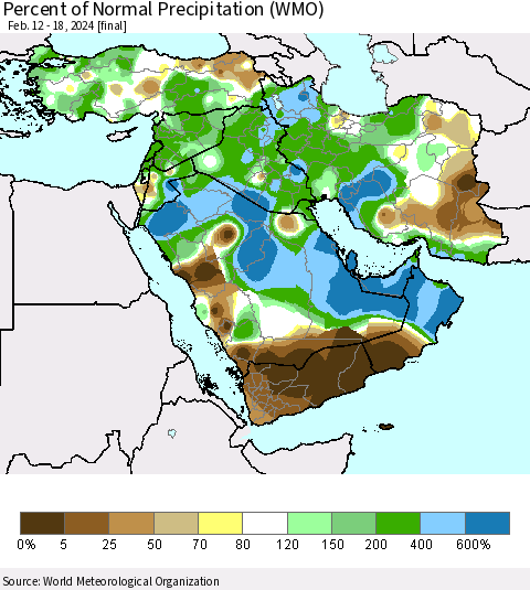 Middle East and Turkey Percent of Normal Precipitation (WMO) Thematic Map For 2/12/2024 - 2/18/2024