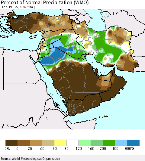 Middle East and Turkey Percent of Normal Precipitation (WMO) Thematic Map For 2/19/2024 - 2/25/2024