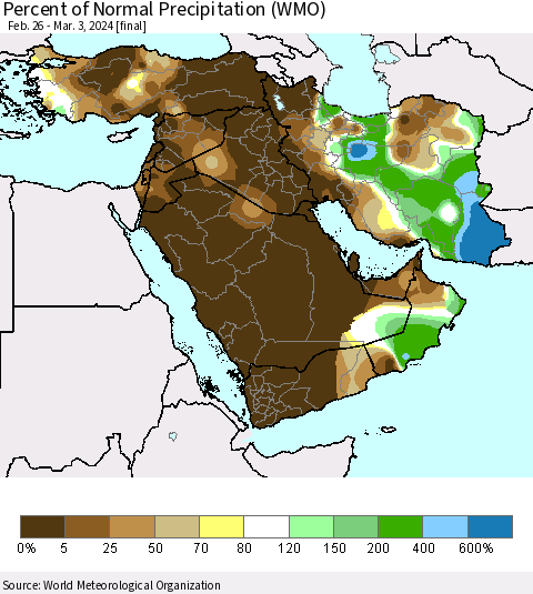 Middle East and Turkey Percent of Normal Precipitation (WMO) Thematic Map For 2/26/2024 - 3/3/2024