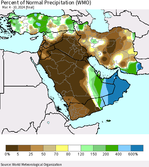 Middle East and Turkey Percent of Normal Precipitation (WMO) Thematic Map For 3/4/2024 - 3/10/2024