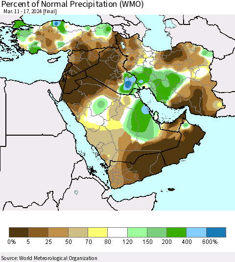 Middle East and Turkey Percent of Normal Precipitation (WMO) Thematic Map For 3/11/2024 - 3/17/2024