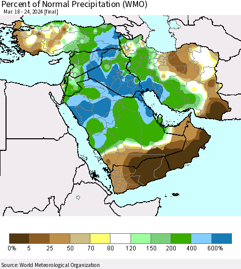 Middle East and Turkey Percent of Normal Precipitation (WMO) Thematic Map For 3/18/2024 - 3/24/2024
