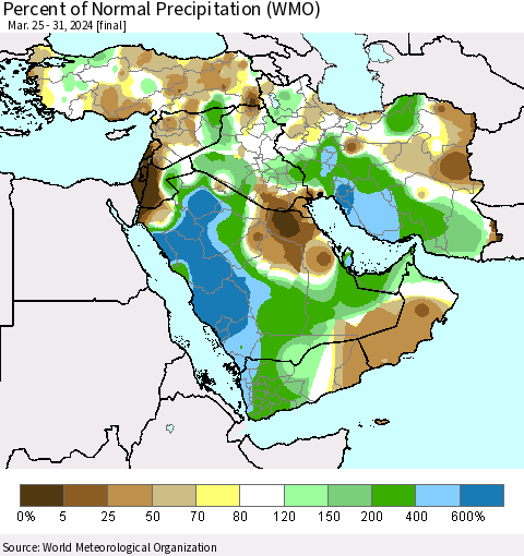 Middle East and Turkey Percent of Normal Precipitation (WMO) Thematic Map For 3/25/2024 - 3/31/2024