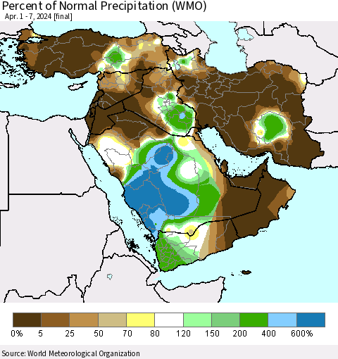 Middle East and Turkey Percent of Normal Precipitation (WMO) Thematic Map For 4/1/2024 - 4/7/2024