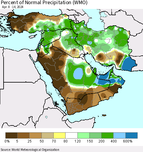 Middle East and Turkey Percent of Normal Precipitation (WMO) Thematic Map For 4/8/2024 - 4/14/2024