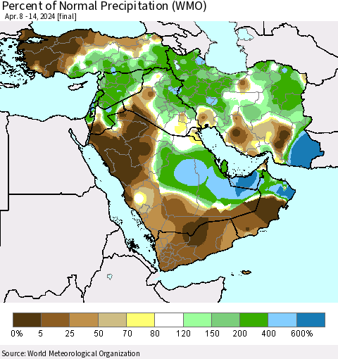 Middle East and Turkey Percent of Normal Precipitation (WMO) Thematic Map For 4/8/2024 - 4/14/2024
