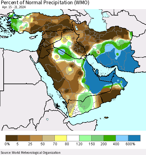 Middle East and Turkey Percent of Normal Precipitation (WMO) Thematic Map For 4/15/2024 - 4/21/2024