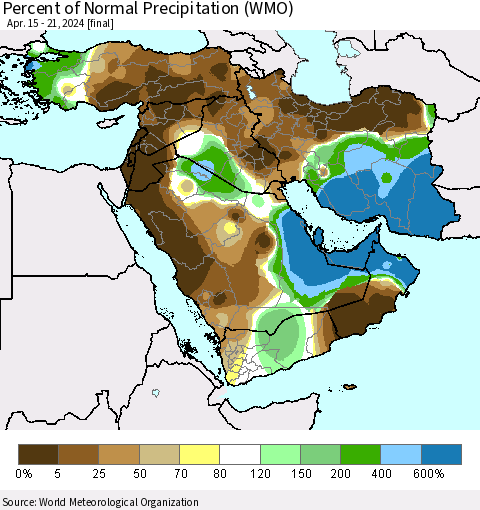 Middle East and Turkey Percent of Normal Precipitation (WMO) Thematic Map For 4/15/2024 - 4/21/2024