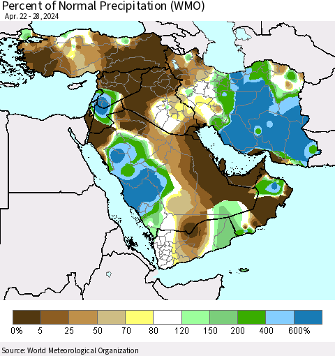 Middle East and Turkey Percent of Normal Precipitation (WMO) Thematic Map For 4/22/2024 - 4/28/2024