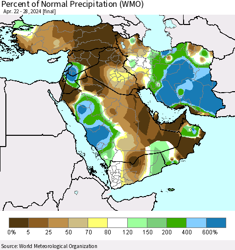 Middle East and Turkey Percent of Normal Precipitation (WMO) Thematic Map For 4/22/2024 - 4/28/2024