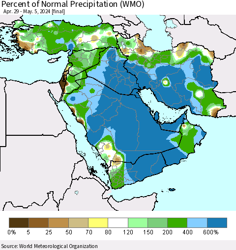 Middle East and Turkey Percent of Normal Precipitation (WMO) Thematic Map For 4/29/2024 - 5/5/2024