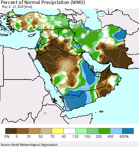 Middle East and Turkey Percent of Normal Precipitation (WMO) Thematic Map For 5/6/2024 - 5/12/2024