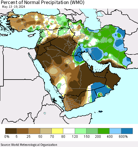 Middle East and Turkey Percent of Normal Precipitation (WMO) Thematic Map For 5/13/2024 - 5/19/2024
