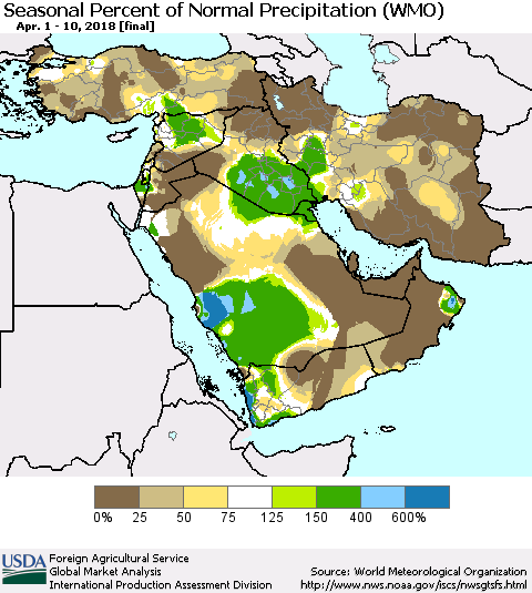 Middle East and Turkey Seasonal Percent of Normal Precipitation (WMO) Thematic Map For 4/1/2018 - 4/10/2018