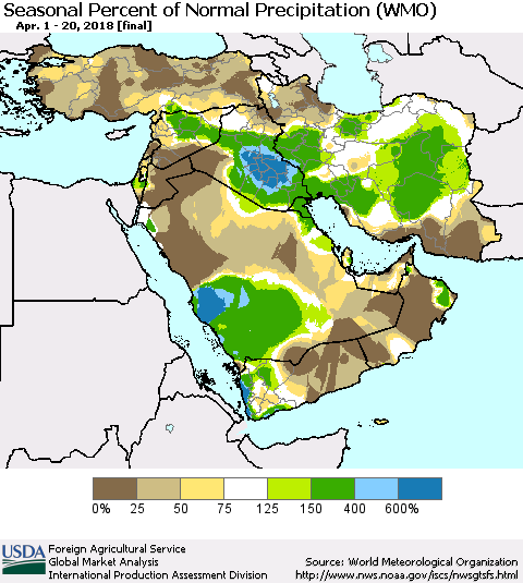 Middle East and Turkey Seasonal Percent of Normal Precipitation (WMO) Thematic Map For 4/1/2018 - 4/20/2018