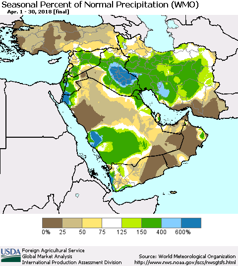 Middle East and Turkey Seasonal Percent of Normal Precipitation (WMO) Thematic Map For 4/1/2018 - 4/30/2018