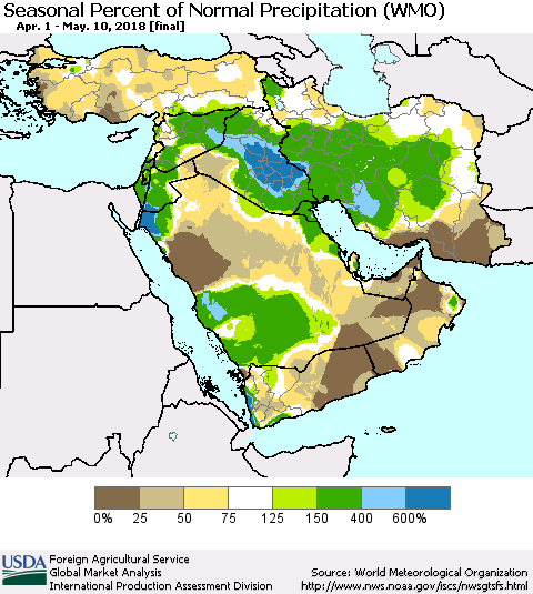 Middle East and Turkey Seasonal Percent of Normal Precipitation (WMO) Thematic Map For 4/1/2018 - 5/10/2018