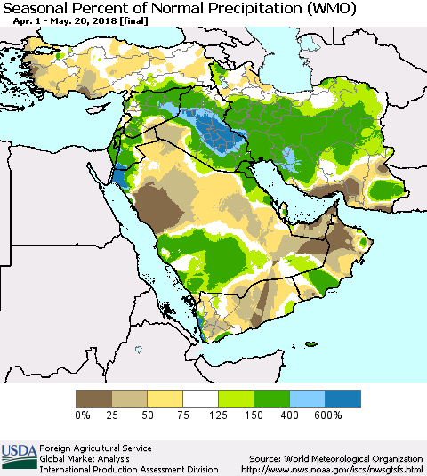 Middle East and Turkey Seasonal Percent of Normal Precipitation (WMO) Thematic Map For 4/1/2018 - 5/20/2018