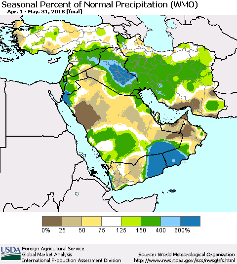 Middle East and Turkey Seasonal Percent of Normal Precipitation (WMO) Thematic Map For 4/1/2018 - 5/31/2018