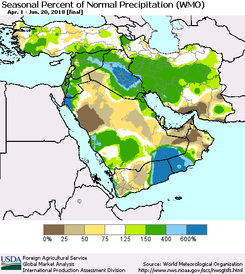 Middle East and Turkey Seasonal Percent of Normal Precipitation (WMO) Thematic Map For 4/1/2018 - 6/20/2018