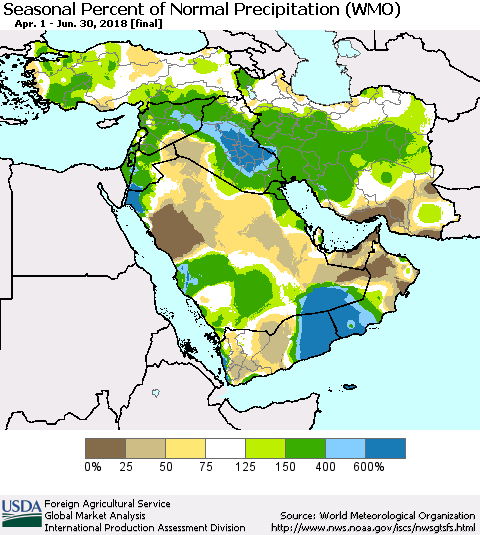 Middle East and Turkey Seasonal Percent of Normal Precipitation (WMO) Thematic Map For 4/1/2018 - 6/30/2018