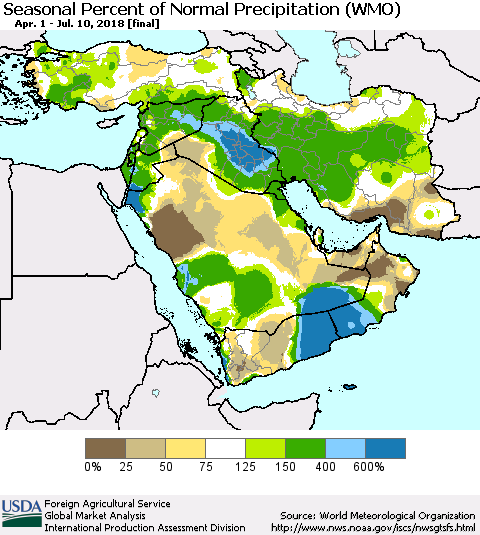 Middle East and Turkey Seasonal Percent of Normal Precipitation (WMO) Thematic Map For 4/1/2018 - 7/10/2018