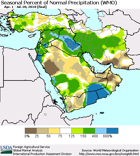 Middle East and Turkey Seasonal Percent of Normal Precipitation (WMO) Thematic Map For 4/1/2018 - 7/20/2018