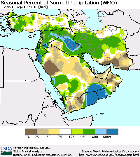 Middle East and Turkey Seasonal Percent of Normal Precipitation (WMO) Thematic Map For 4/1/2018 - 9/10/2018