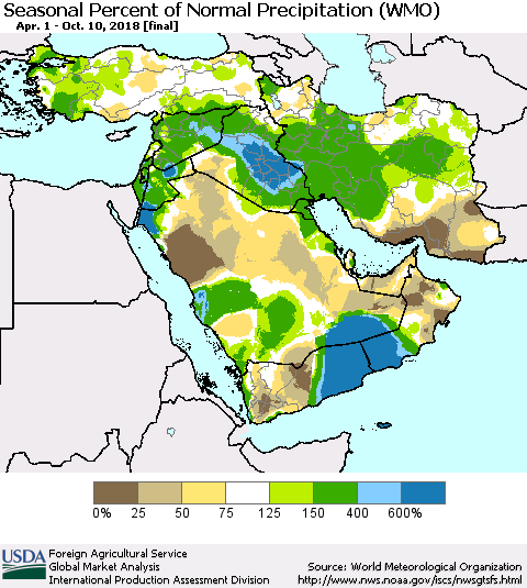 Middle East and Turkey Seasonal Percent of Normal Precipitation (WMO) Thematic Map For 4/1/2018 - 10/10/2018