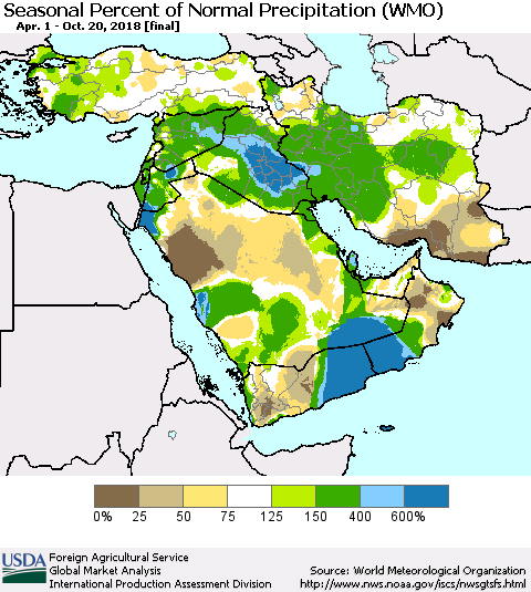 Middle East and Turkey Seasonal Percent of Normal Precipitation (WMO) Thematic Map For 4/1/2018 - 10/20/2018
