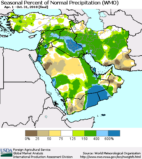 Middle East and Turkey Seasonal Percent of Normal Precipitation (WMO) Thematic Map For 4/1/2018 - 10/31/2018