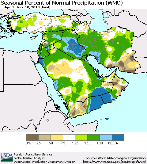Middle East and Turkey Seasonal Percent of Normal Precipitation (WMO) Thematic Map For 4/1/2018 - 11/10/2018