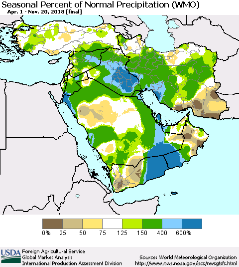 Middle East and Turkey Seasonal Percent of Normal Precipitation (WMO) Thematic Map For 4/1/2018 - 11/20/2018