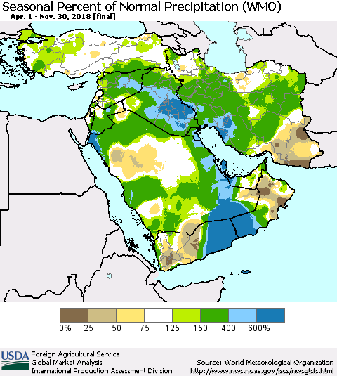 Middle East and Turkey Seasonal Percent of Normal Precipitation (WMO) Thematic Map For 4/1/2018 - 11/30/2018