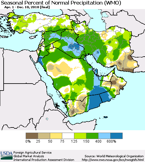 Middle East and Turkey Seasonal Percent of Normal Precipitation (WMO) Thematic Map For 4/1/2018 - 12/10/2018