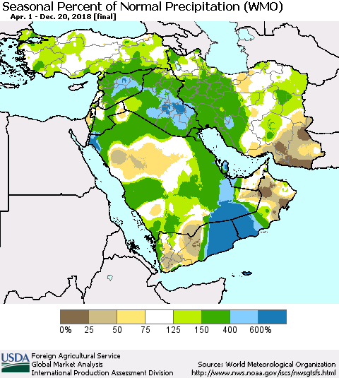 Middle East and Turkey Seasonal Percent of Normal Precipitation (WMO) Thematic Map For 4/1/2018 - 12/20/2018