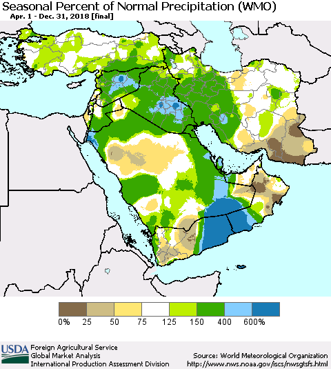 Middle East and Turkey Seasonal Percent of Normal Precipitation (WMO) Thematic Map For 4/1/2018 - 12/31/2018