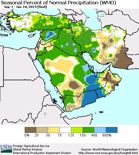 Middle East and Turkey Seasonal Percent of Normal Precipitation (WMO) Thematic Map For 9/1/2018 - 1/10/2019