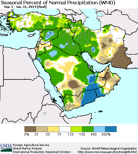 Middle East and Turkey Seasonal Percent of Normal Precipitation (WMO) Thematic Map For 9/1/2018 - 1/31/2019