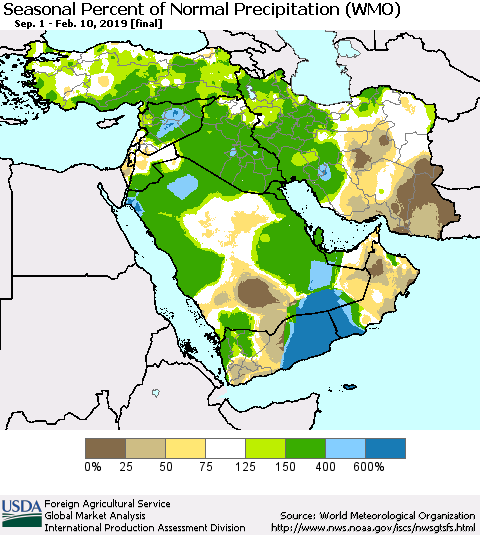 Middle East and Turkey Seasonal Percent of Normal Precipitation (WMO) Thematic Map For 9/1/2018 - 2/10/2019