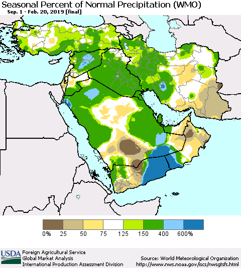 Middle East and Turkey Seasonal Percent of Normal Precipitation (WMO) Thematic Map For 9/1/2018 - 2/20/2019