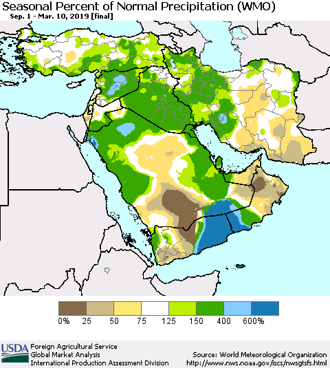 Middle East and Turkey Seasonal Percent of Normal Precipitation (WMO) Thematic Map For 9/1/2018 - 3/10/2019