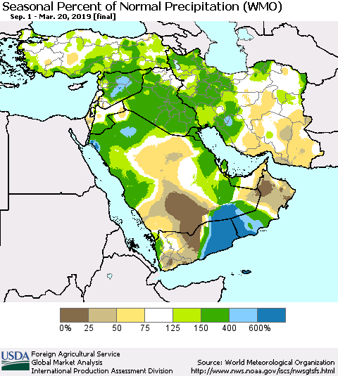 Middle East and Turkey Seasonal Percent of Normal Precipitation (WMO) Thematic Map For 9/1/2018 - 3/20/2019
